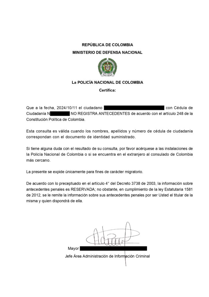 Certificado de Antecedentes Penales de Colombia